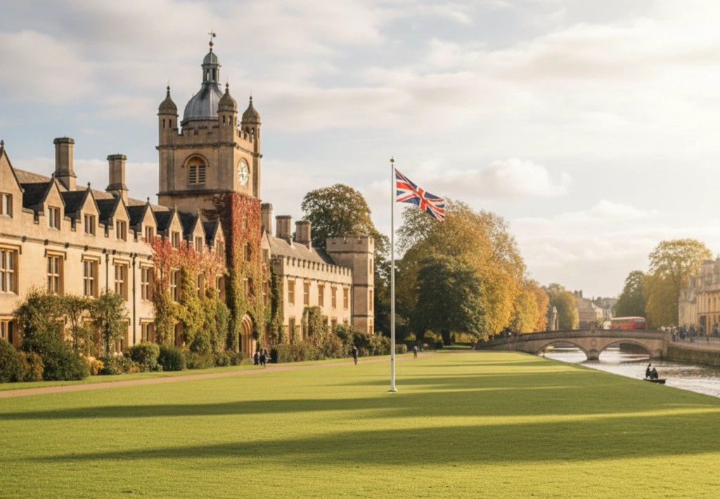 A scenic UK university campus featuring historic architecture and a Union Jack flag, representing the global exposure and career opportunities available to students from Kerala through Universal Study